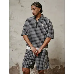 Men's Plaid Quarter Zip 2-Piece Set | Y2K Streetwear Casual Shirt & Shorts Outfit