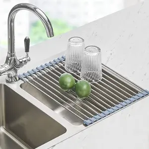 Roll Up Dish Drying Rack, Over The Sink Dish Drying Rack Kitchen Rolling Dish Drainer, Foldable Sink Rack Mat Stainless Steel Wire Dish Drying Rack for Kitchen Sink Counter Storage 17.5x11.8Roll Up Dish Drying Rack,