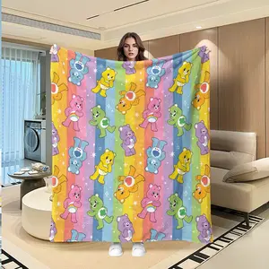 Rainbow Bear Digital Print Flannel Blanket, Cartoon Pattern Blanket, Thanksgiving Valentine Christmas Gift, Holiday Gift Throw Blanket, Wall Hanging Sofa Bed Cover