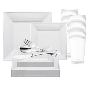 White with Silver Square Edge Rim Plastic Wedding Value Set