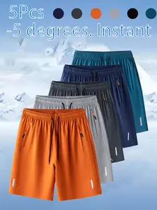 5pcs Plus Size Men's Ice Silk Gym Shorts, Running Workout Shorts for Outdoor Fitness, Quick-Dry Five-Point Running Casual Pants, Lightweight Summer Wear, Lightweight Athletic Shorts