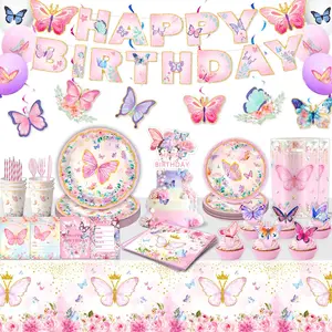 2026 New Butterfly Party Tableware Set, Spring Party Paper Plates Napkins Tablecloth, Birthday Party Decorations, 5-Piece Set