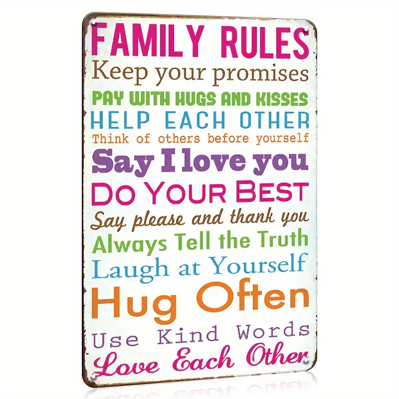 Vintage Iron Family Rules Rectangular Wall Sign - 12x8in Country Rustic Retro Metal Plaque, Indoor Home Decor with Meaningful Quotes, Wall-Mount Eid Al-Adha Mubarak Gift