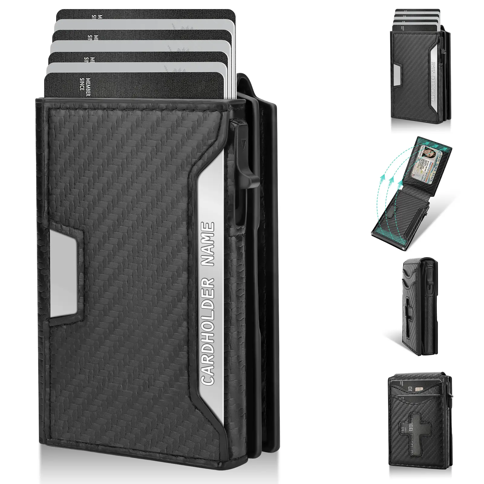 Men’s Metal Carbon Fiber Wallet, RFID Blocking Minimalist Pop Up Smart Wallet Built-in AirTag Holder, Slim Front Pocket Card Holder with ID Window Cash Slot, 9-14 Card Capacity, Everyday Carry Travel Birthday Gift for Men