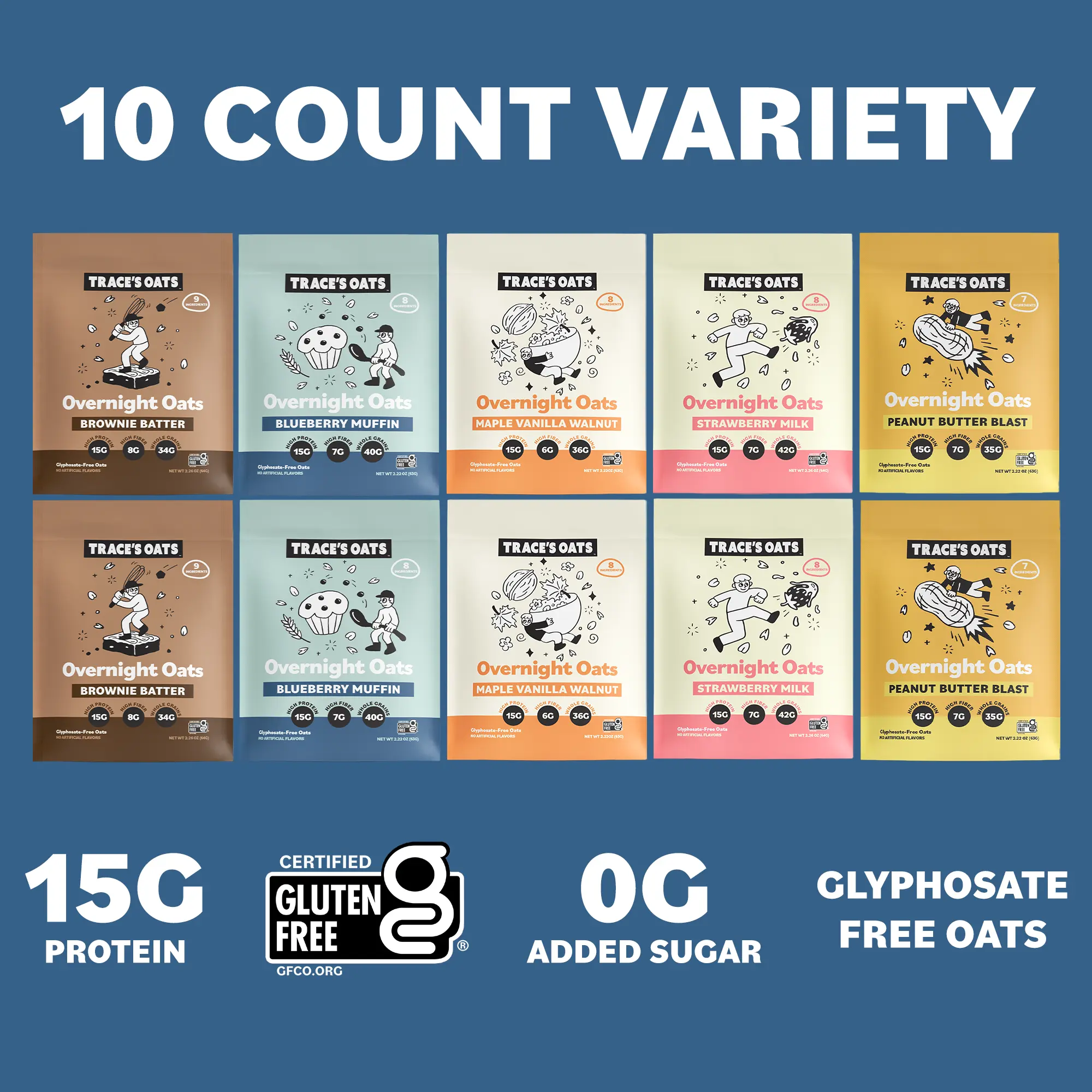 Trace's Oats Overnight Oats Variety Pack – 10 Pack, 5 Flavors, 15g Protein, 0g Added Sugar, Gluten Free | High Protein Breakfast, Healthy Meal Prep