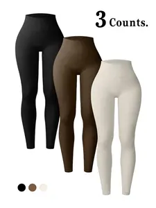 Women's Solid Color High Waist Ribbed Sports Leggings, High Stretch Casual Comfy Breathable Tummy Control Skinny Pants for Yoga Gym Workout Running, Ladies Sportswear for All Seasons, Shaping Leggings