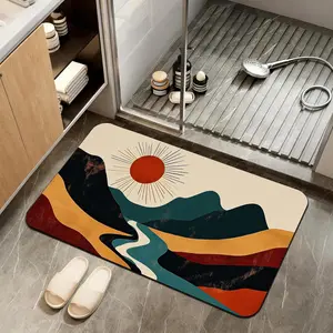 Abstract Landscape Bathroom Rug, Boho Sun Bath Mat, Modern Mountain River Floor Mat for Bathroom, Shower, Tub or Vanity Decor