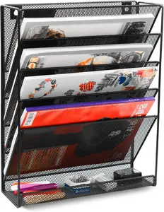 Easypag 5 Tier Wall File Holder, Mesh Hanging Folder Organizer with Classify Label, Versatile Desk File Holder, Vertical Wall Mounted Mail Organizer for Office Home Cubicle, Black Baike