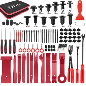 330Pcs Trim Removal Tool For Auto, Push Pin Bumper Retainer Clip Set, Fastener Terminal Remover Tool, Adhesive Cable Clips Pry Kit For Car Panel, Radio Removal Auto Clip Pliers, Red