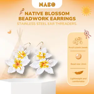 Native Blossom Beadwork Earrings - White and Yellow Beaded Floral Design Artisan Crafted Jewelry