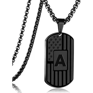 American Flag Initial Dog Tag Necklace for Men, Stainless Steel Letter A-Z with 24 Inch Chain Military Pendant Necklace, Gift for Valentine's Birthday Christmas Anniversary Fathers Day