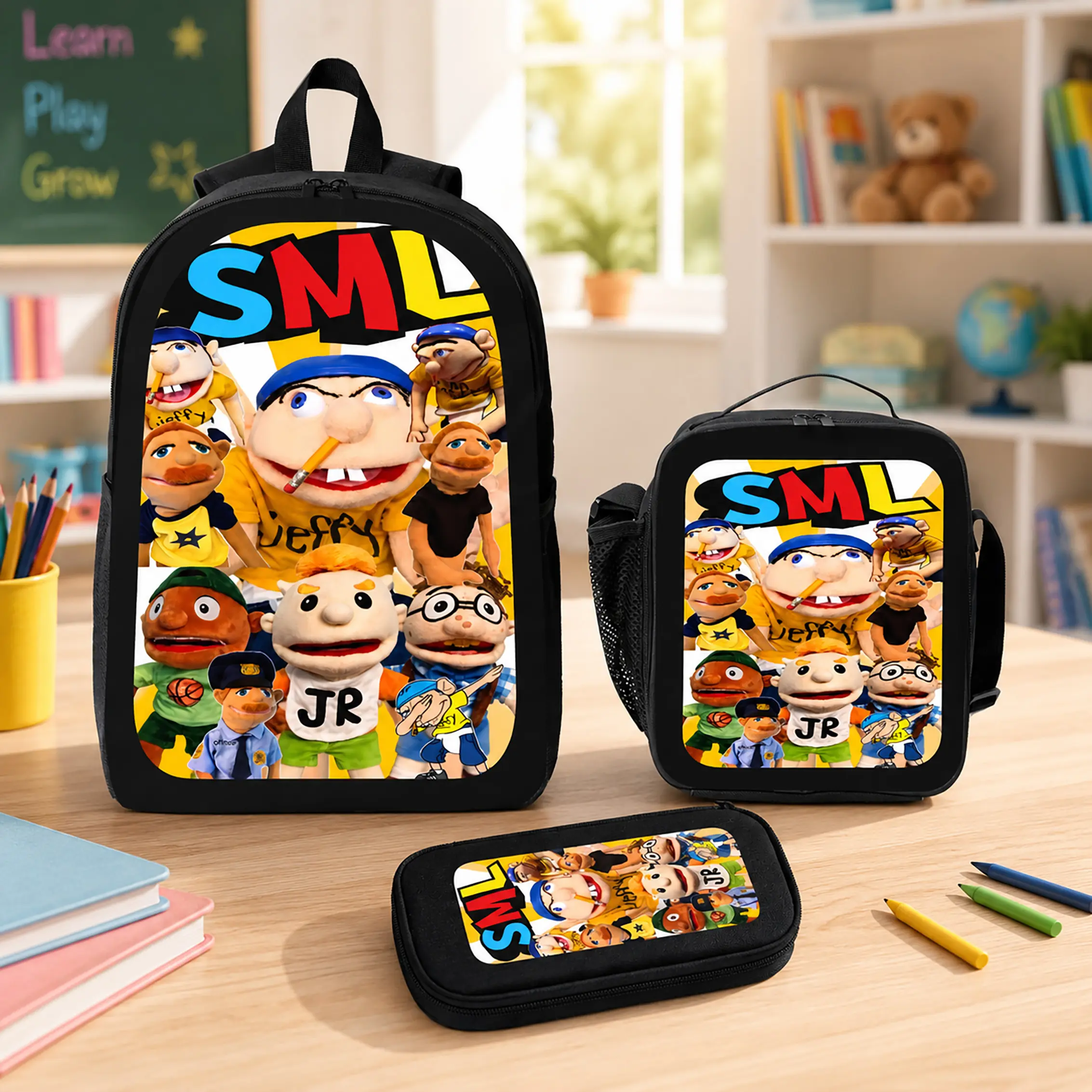 SML SuperMarioLogan Jeffy Puppet Characters Backpack Set Polyester 3 Piece Backpack Lunch Bag Pencil Case Large Capacity Bookbag For School Travel Back To School Boys Girls Kids Teens Students Birthday Gift