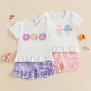 [Lullaby] Toddler Girl Summer Clothes Ice Cream Applique Embroidery Short Sleeve Round Neck Tops + Plaid Print Ruffled Shorts