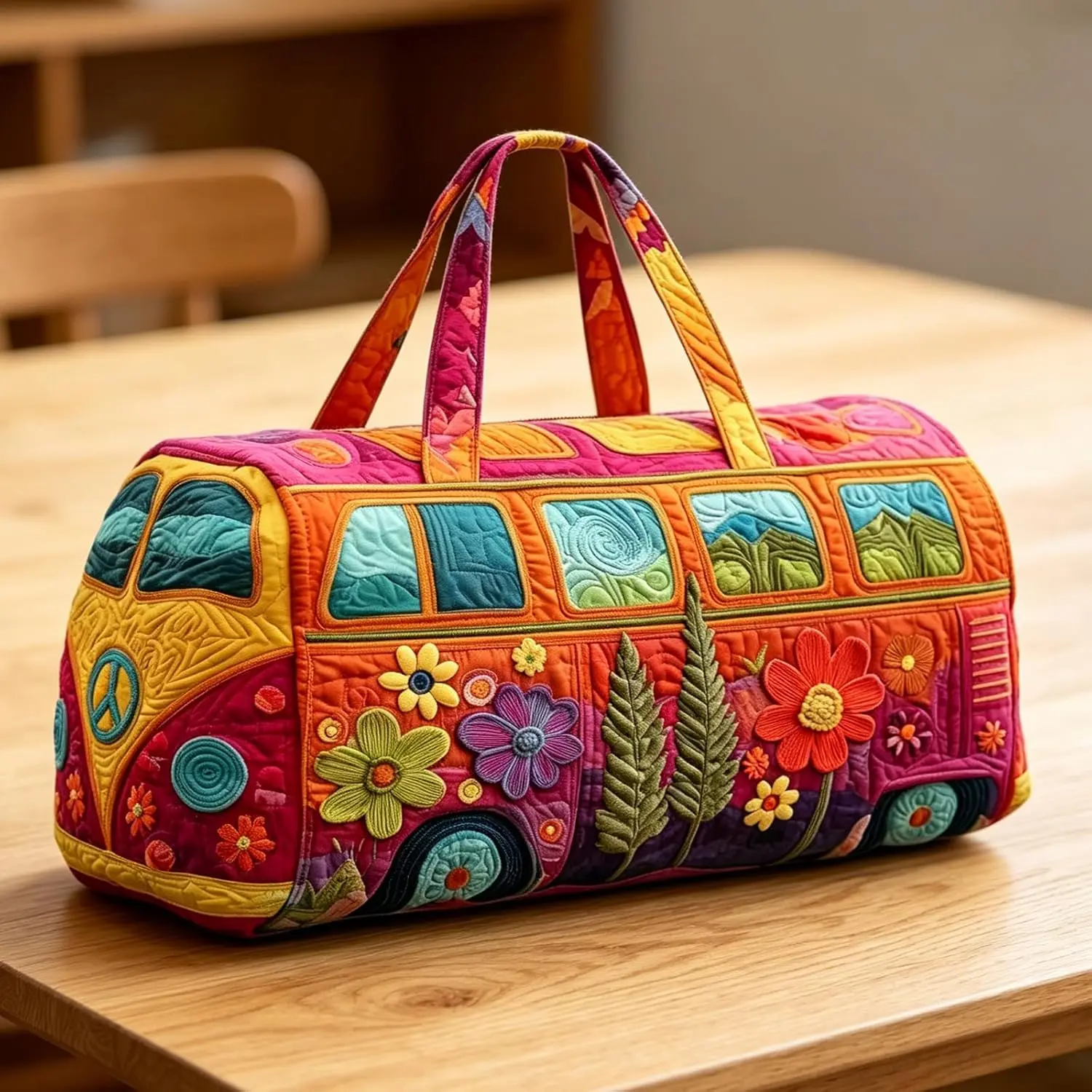 Vintage Floral Hippie Bohemian Quilted Duffle Bag - Lightweight Boho Weekender, 19*9*9 IN Large Capacity Hand Luggage/Personal Item, Compact Travel Organizer for Gym, Weekend Getaways & Anywhere Adventures