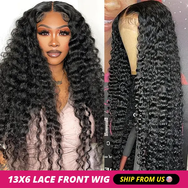 Female Remy Human Hair 13x6 Lace Front Wig, 180 Density Deep Wave Wig with Pre-Plucked Baby Hairs, Adjustable Fit, 20 inches-32 inches Length