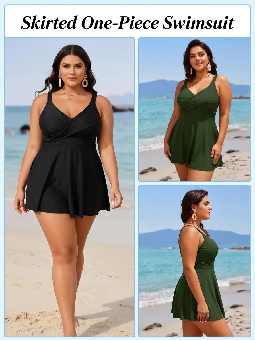 Plus Size Tummy Control One Piece Swimsuit with Skirt for Women, V-Neck Ruched Surplice Wrap Front Swimdresses, Modest Bathing Suits