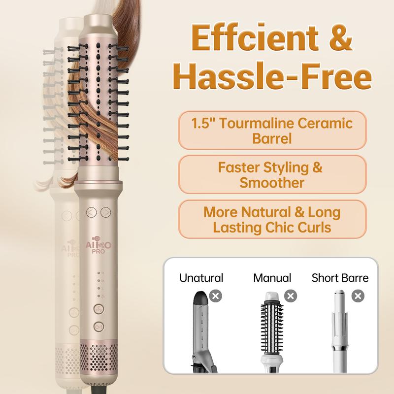 AIKO PRO 1.5 Inch Auto Rotating Curling Brush, Spinning Heated Thermal Round Brush Volumizer, 3 in 1 Ionic Hair Brush Styler for Long Medium Hair, 3 Temp Settings, 30S Fast Heat-Up, Dual Voltage