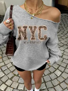 Women's Off-Shoulder Leopard Print Letter Fashion Casual Sweatshirt, Soft & Loose Fit Casual Top, All Season Wear