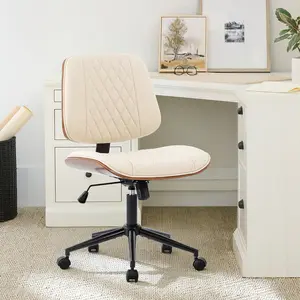 Armless Office Chair, Height Adjustable Small Desk Chair with 360° Rolling Wheels, PU Leather Walnut Style Swivel Computer Chair for Home & Office