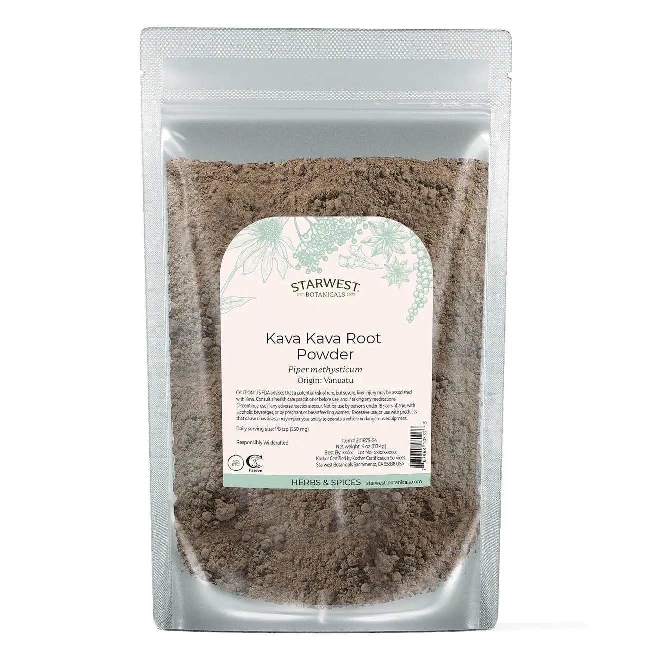 Starwest Botanicals Kava Kava Root Powder - Dried Herb for Tea & Beverages, Promotes Calm, Natural Piper Methysticum, Wildcrafted, Finely Ground, Certified Kosher - 4 oz Pouch