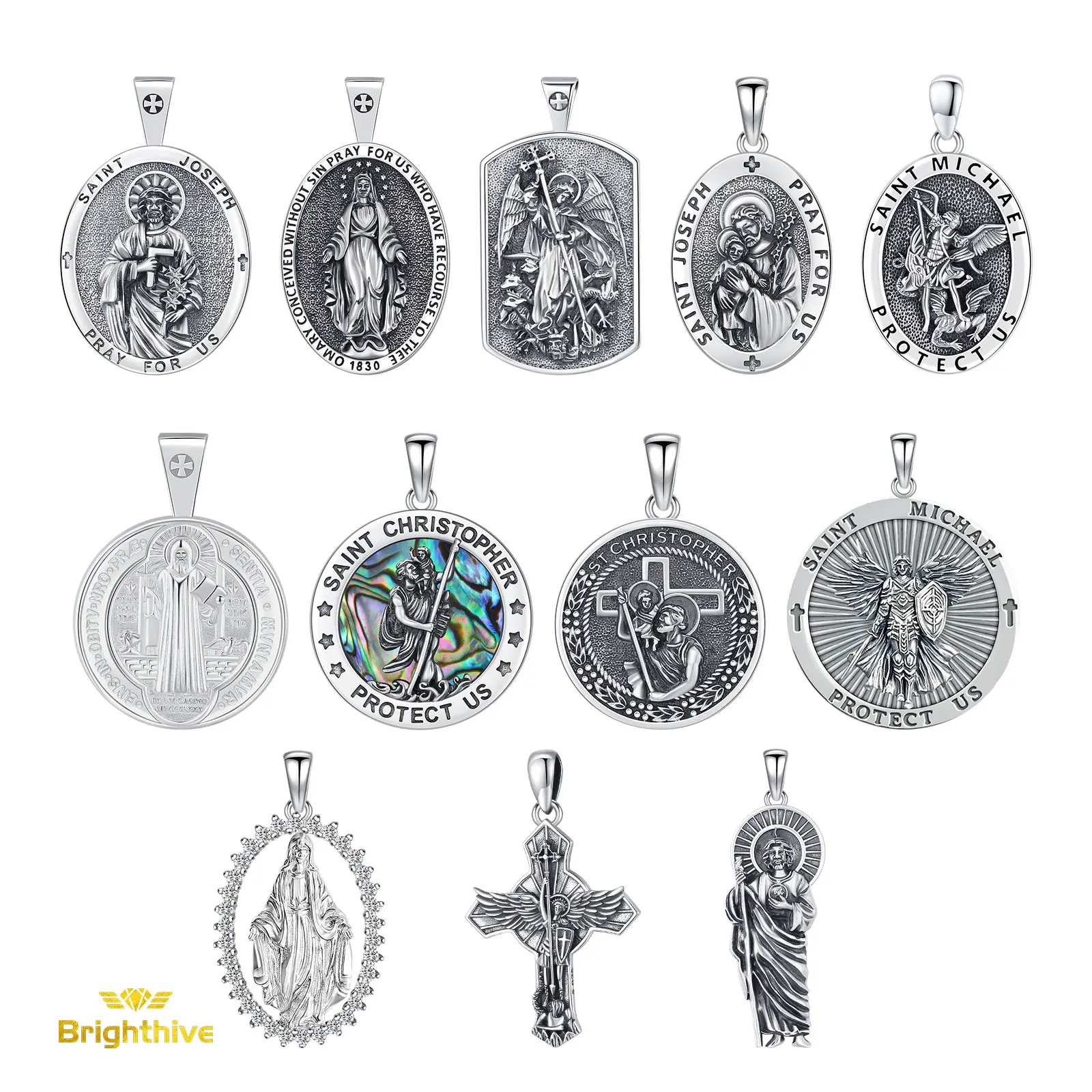 Brighthive Saint Necklace Collection 925 Sterling Silver Jewelry – Saint Michael, Saint Joseph, Saint Christopher, Saint Benedict, Virgin Mary, San Judas Pendants Gifts for Women Men Girlfriend Boyfriend Lover Daughter Son Friend Birthday Graduation