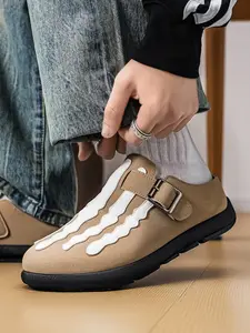 Men's Casual Slip-On Shoes, Soft Sole Anti-Slip Breathable Half-Open Mules, Colorblock Bone Pattern Lazy Driving Shoes