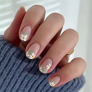 Flower Pattern Fake Nails, Floral Motif Short Square Press-on Nails for Women & Girls DIY Nail Art, Elegant Stick on Nails Kit, Nail Art Set