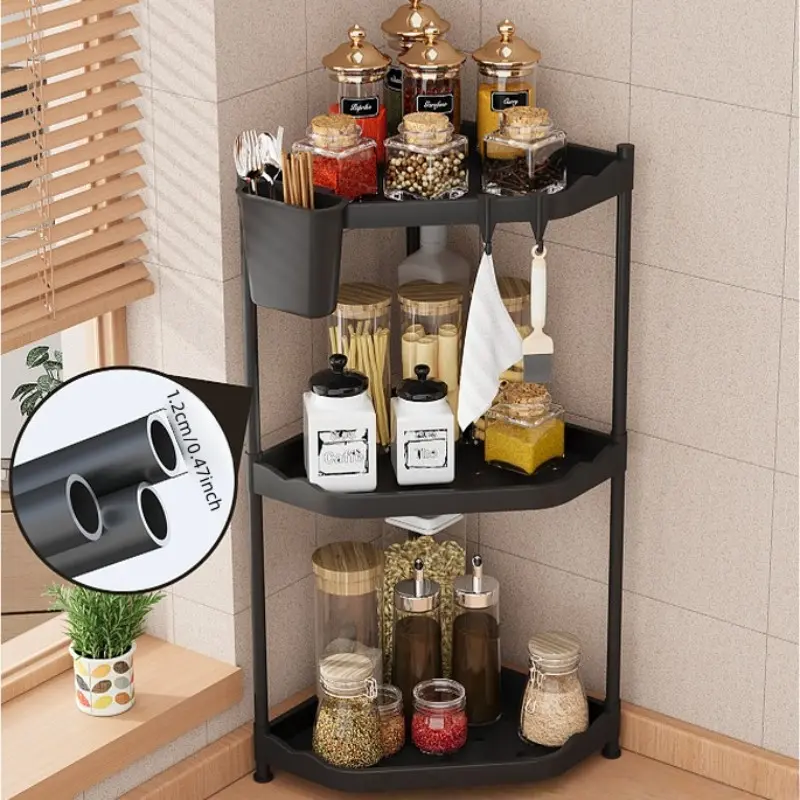 Multi-Layer Kitchen Corner Shelf, Wall Shelf Unit, 2 Layer/3 Layer Triangle Rack, No-Drill Wall Mount Spice Rack, Wall Mounted Organizer, Organizing, PP & Painted Tube Material, Suitable for Kitchen Bathroom