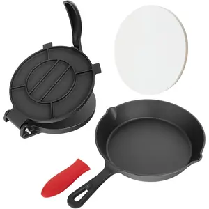 10 Inch Cast Iron Tortilla Press & Comal Pan Bundle, Include 100 count  Paper,Commercial-Grade Cast Iron Tortilla Maker, Roti Press, Non-Stick, Heat-Resistant, Black