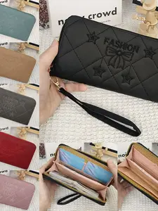 Minimalist Quilted Long Zipper Wallet with Bow Embroidery Design, Multi-card Slot Large Capacity ID Holder, Clutch Bag