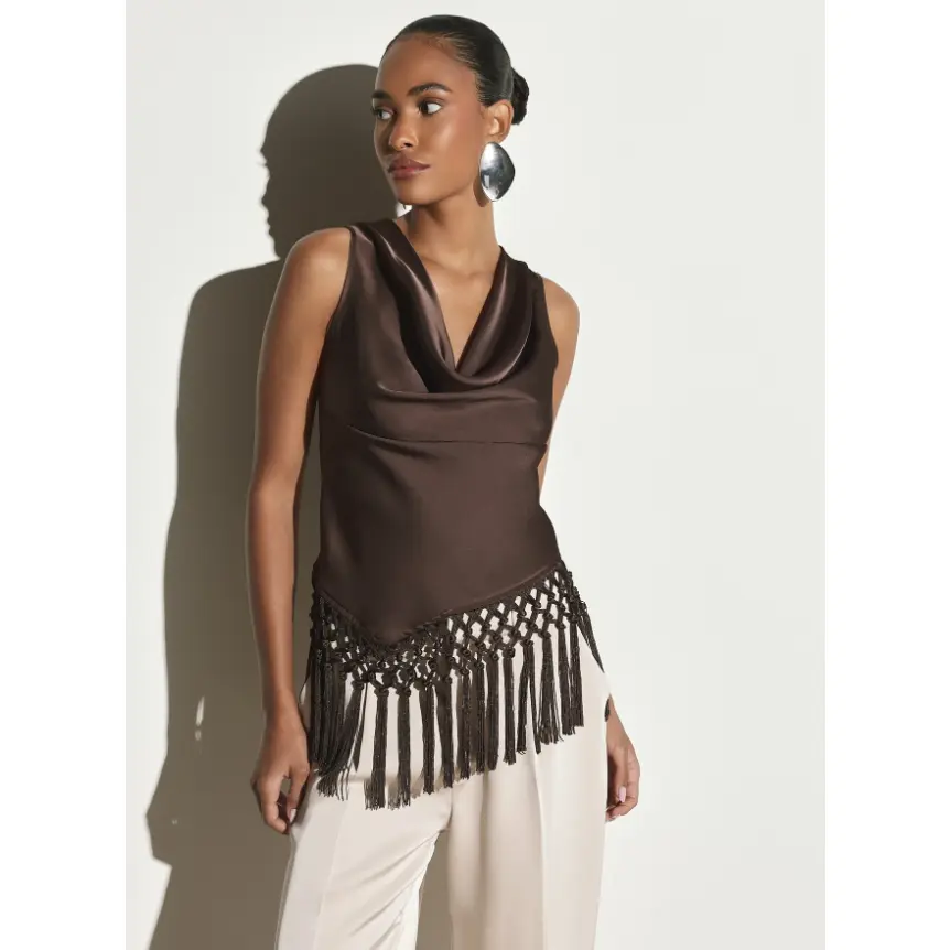 OFFGIRD x Satin Cowl Neck Sleeveless Blouse With Macrame Fringe Hem Detail Elegant Evening Party Top
