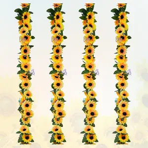 4 Pack Artificial Sunflower Garland 7.5ft Sunflower Vines Fake Sunflowers with Green Leaves Silk Sunflowers Backdrop for Wedding Birthday Bathroom Home Wall Decoration