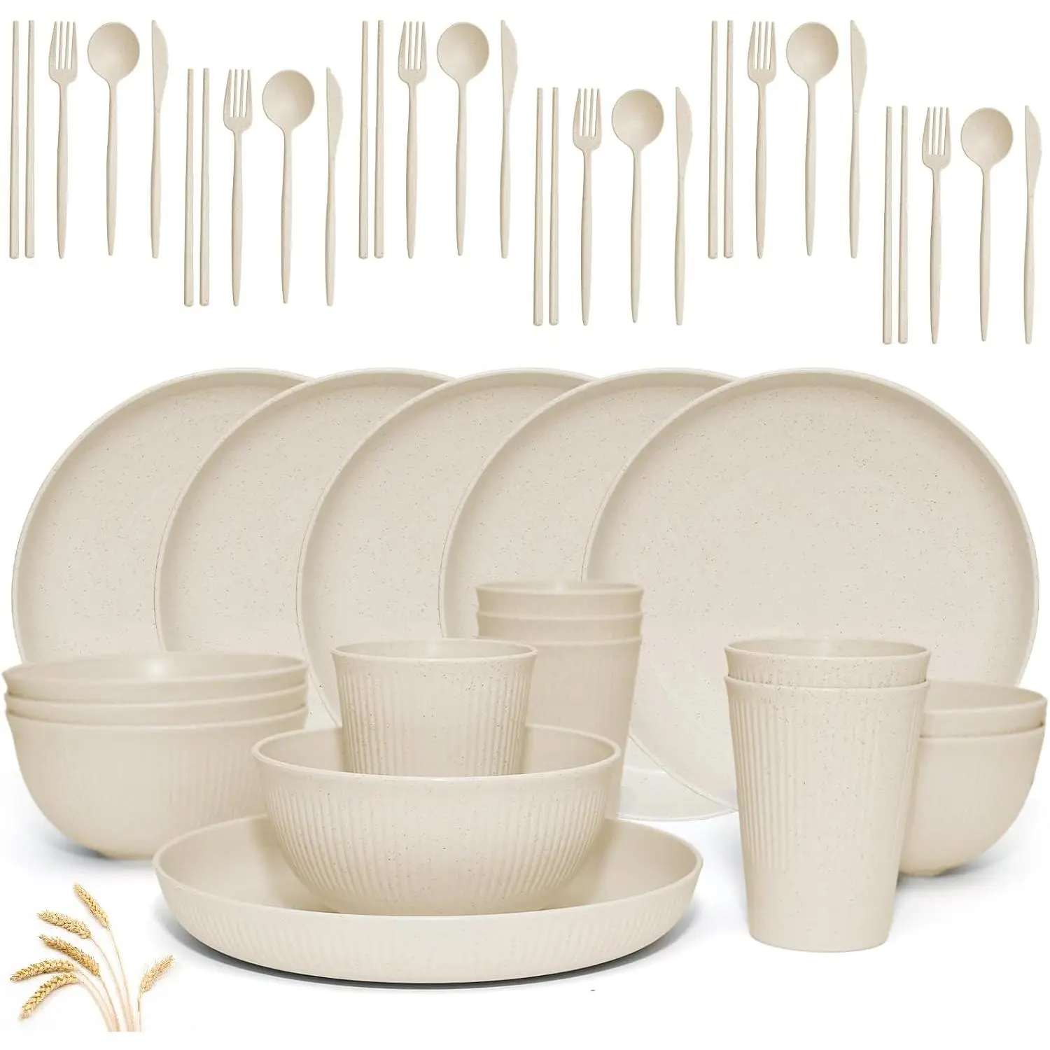Wheat Straw Dinnerware Sets - 42 count Unbreakable Dinnerware Sets for 6, Kitchen Plates and  Set, Lightweight Camping Plates Cups and  Set.Dishwasher Microwave Safe Dinnerware