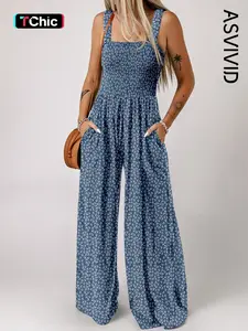 Women's Ditsy Floral Print Wide Leg Vintage Tank Sleeveless Jumpsuit, Boho Pocket Shirred Sweetheart Neck Jumpsuit, Ladies Summer Clothes