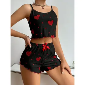 Adorable Heart  Print Pajama Set:Summer new European and American knitted pit strip love printing design sweet suspender shorts pure pajamas women, Women Cute Sleeveless Cami Top and Ruffle Shorts Soft Ribbed Knit Loungewear Adorable