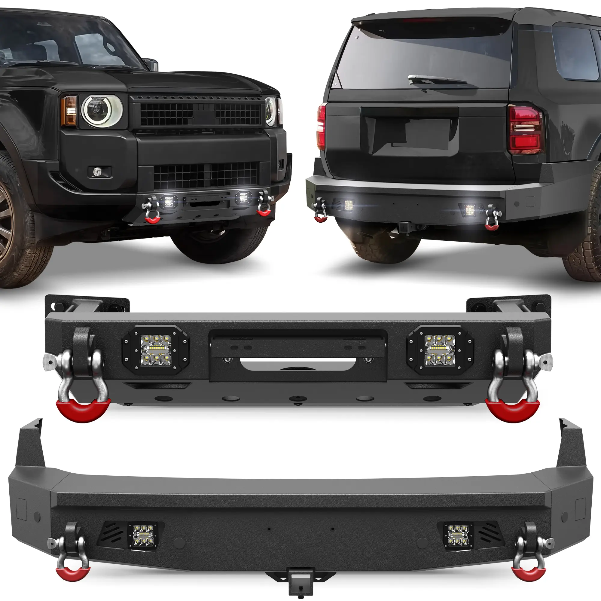 POFENZE-NADIA Front Bumper Set for 2024-2026 Toyota Land Cruiser Prado 250/LC250, Carbon Steel Off-Road Bumpers for Heavy-Duty Tasks w/Winch Plate, LED , D-Rings, Hitch Receiver, License Plate Bracket (Ideal for Night Driving) fck light bars