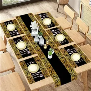 Luxury Gold Plaid Table Runner Set, Washable Linen Rectangular Dining Mats, Home Decor Gift Party Decoration