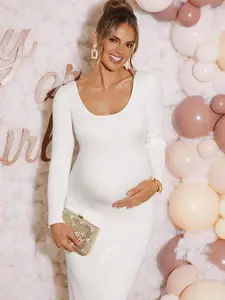 ELLIOTTWII Maternity Solid Color Round Neck Regular Shoulder Long Sleeve Fitted Knit Sweater Dress White White Ribbed White Long Sleeve Maternity Dress Dress Gender Reveal Dress Maternity Dress Baby Shower Dress