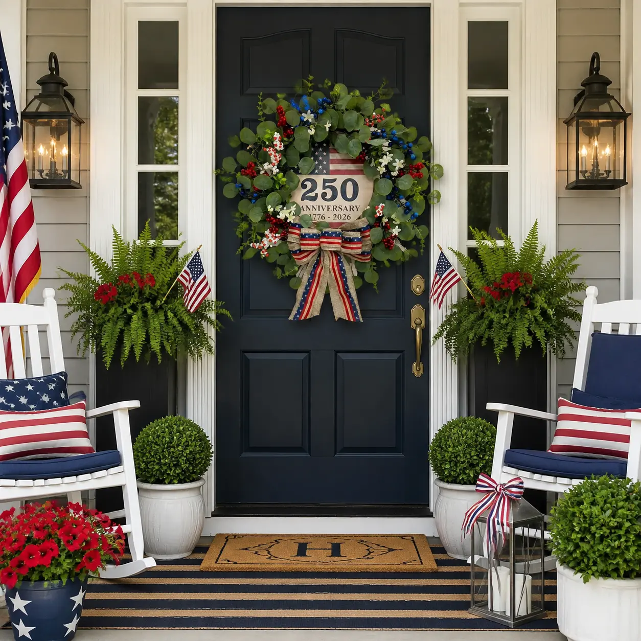 23 Inch USA 250th Anniversary Patriotic Indoor and Outdoor Decorations, 4th of July Eucalyptus Wreath for Front Door - 1776-2026 Memorial Day Wreaths with Red White Blue Berries and Bow, Flag Day, Independence Day