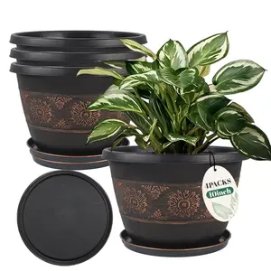4 Pack 10 inch Plant Pots, Retro Pattern Planters with Drainage Holes and Saucer, Sturdy Plastic Garden Flower Pots for Indoor & Outdoor Plants