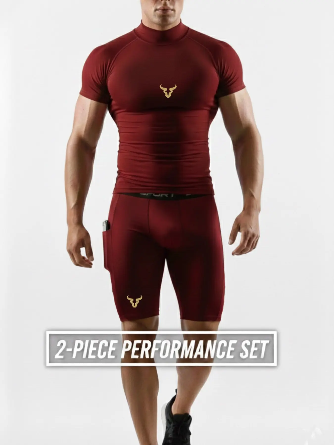 2-Piece Men's Performance Compression Set, Gold Bull Graphic Mock Neck Gym Top & Phone Pocket Shorts, Muscle Fit Athletic Wear for Bodybuilding & Training，Outdoor Training, Gym Workout & Track Sports.
