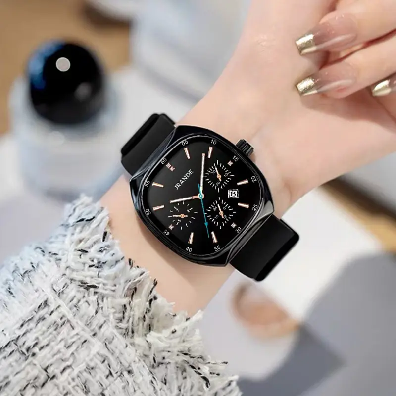 JRANDE Women’s Everyday Watch - Sleek Black Lightweight Wristwatch with Soft Silicone Strap, Luminous Hands, 30M Splash Resistance for Work & Daily Outfits