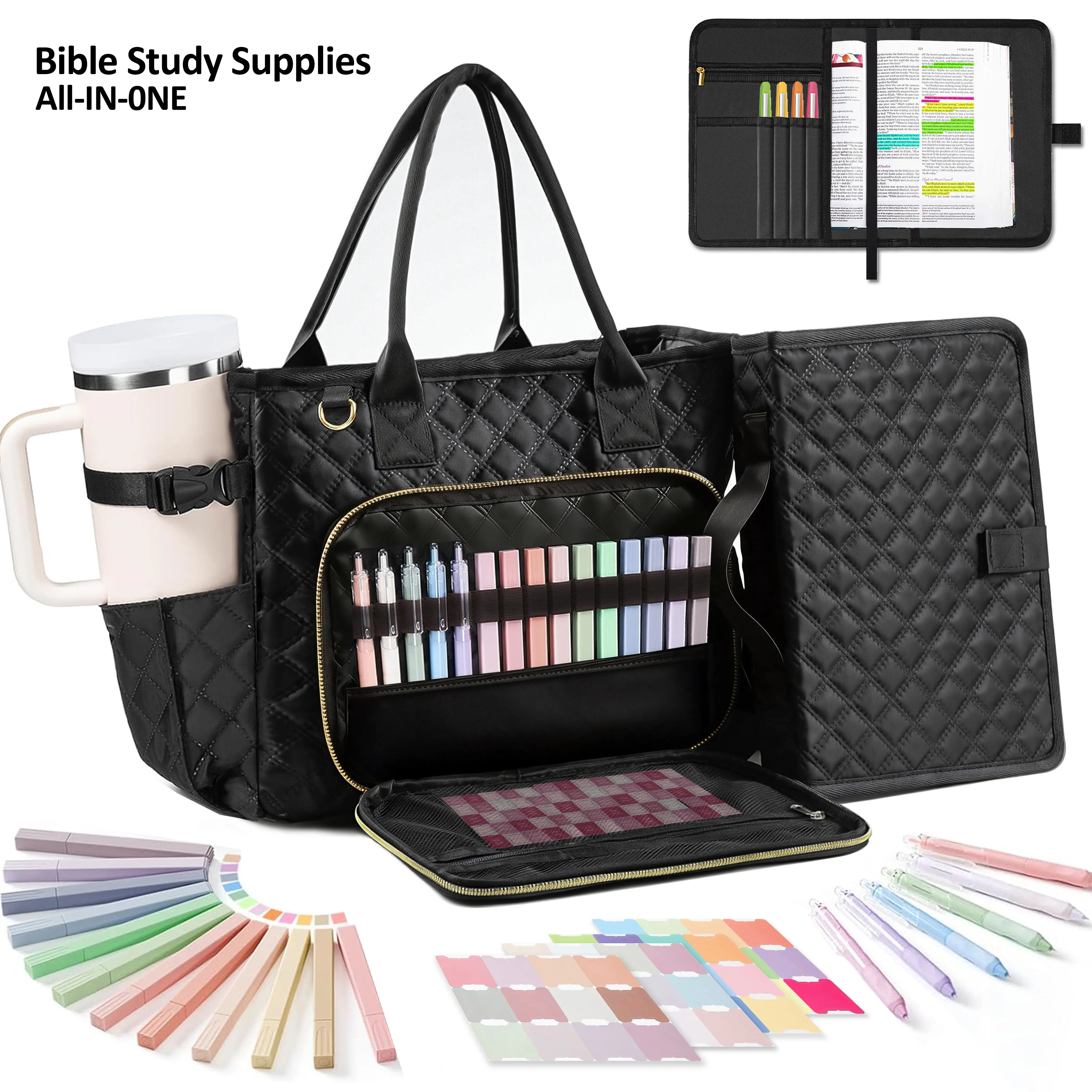 Women's Classic Bible Bag with Cover Case, Shoulder Strap, Home Organizer Storage Tote - 12 Watercolor Pens, 6 Ballpoint Pens, 48 Stickers, Bible Journaling Kit - Ideal for Daily Use, Mother’s Day, Birthdays Christian Gifts