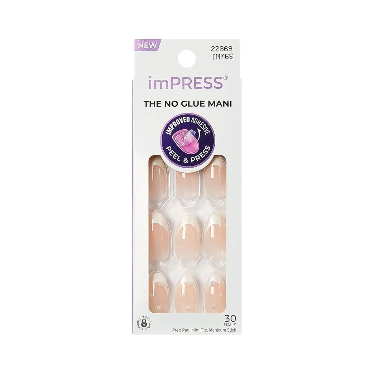 Kiss Impress No Glue Mani Press On Nails, Design, 'Chills', White, Medium Size, Almond Shape, Includes 30 Nails, Prep Pad, Instructions Sheet, 1 Manicure Stick, 1 Mini File