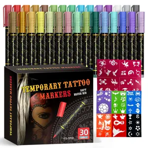 Temporary Tattoo Markers for Skin, 10/15/30-Count Body Markers 10Colors Tattoo Pens,Flexible Brush Tip, Bright colors, Face Paint Kit Cosmetic Quality,Christmas gifts Designs glitter acrylic paint markers markers for coloring