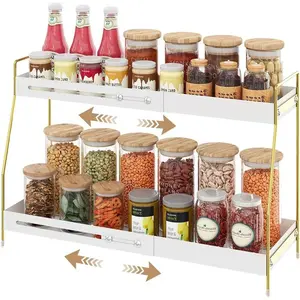 Expandable Spice Rack Organizer for Cabinet, 2 Tier Adjustable Metal Rust-Proof Kitchen Counter Storage Shelf Organizer with Draining Tray & Feet Pads for Spice Jars and Seasonings