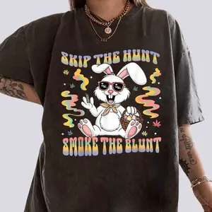 Funny 420 Easter Skip The Hunt Smoke The Blunt Bunny Shirt - Sweatshirt, Bunny Happy Easter Day 4/20/25, Weed Leaf Cannabis Art, Easter Humor Hoodie