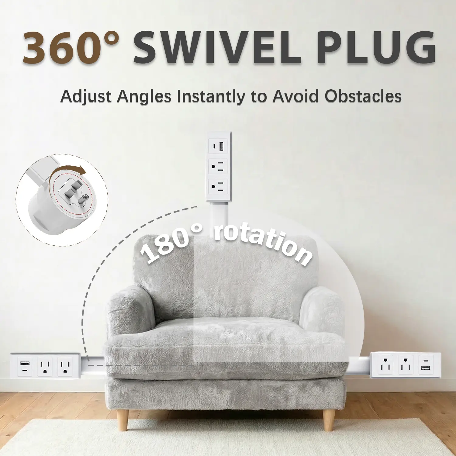 Outlet Extender,Electrical Outlet Extender Stick,Power Socket Expander,180°Rotating Wall Charger Features USB-A USB-C 2 AC Outlets,Use Behind Couches,Nightstands,Desks,More