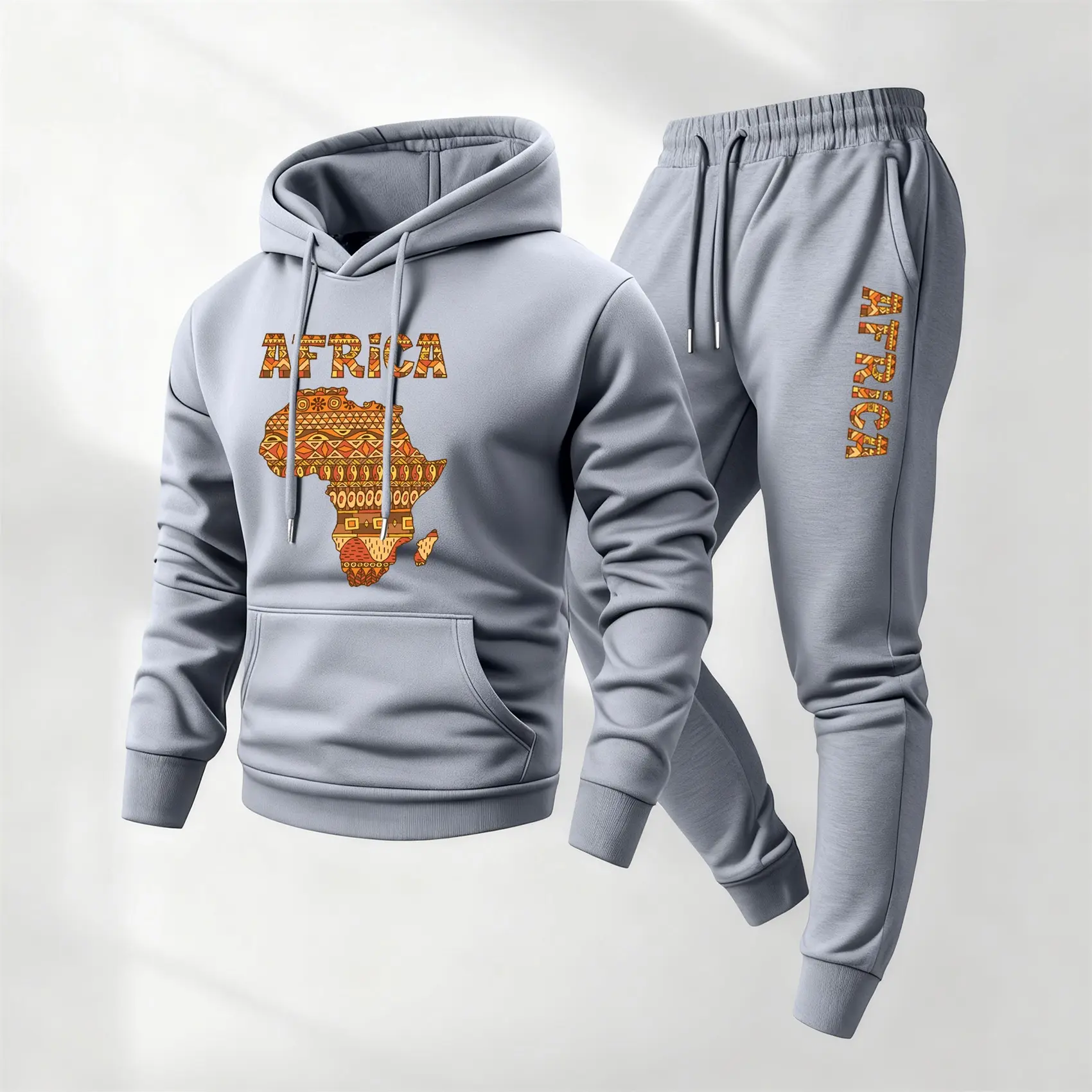Men's 2-Piece Tracksuit, Casual Africa Print Loose Fit Polyester Sportswear with Long Sleeve Hoodie and Drawstring Sweatpants, Athleisure, Mensfashion, Casual Wear, 2Xl, 3Xl, Armygreen