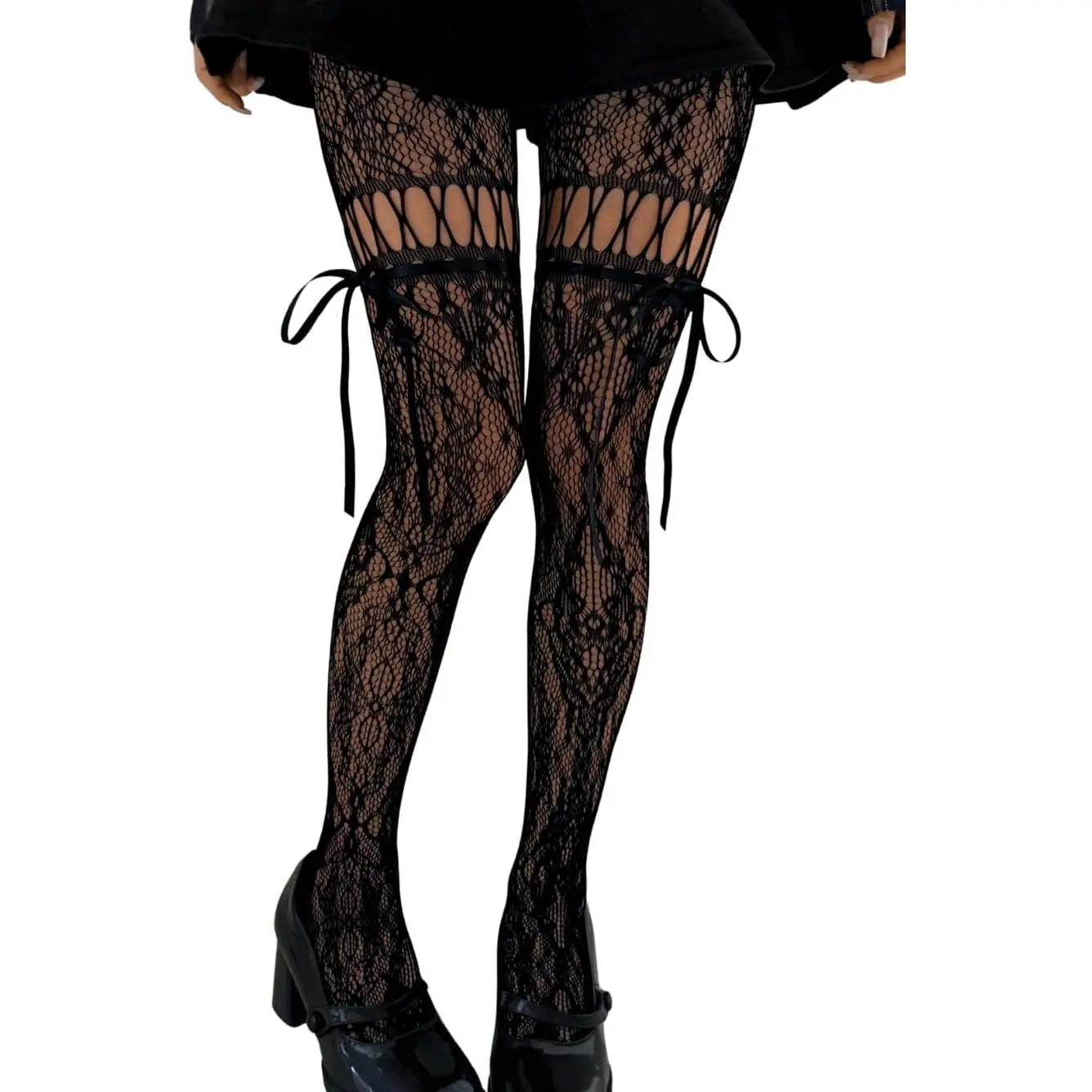 Women's Stretchable Lace Tights with Bows - Floral Pattern Stockings for Halloween Goth Sexy Fishnet Lingerie